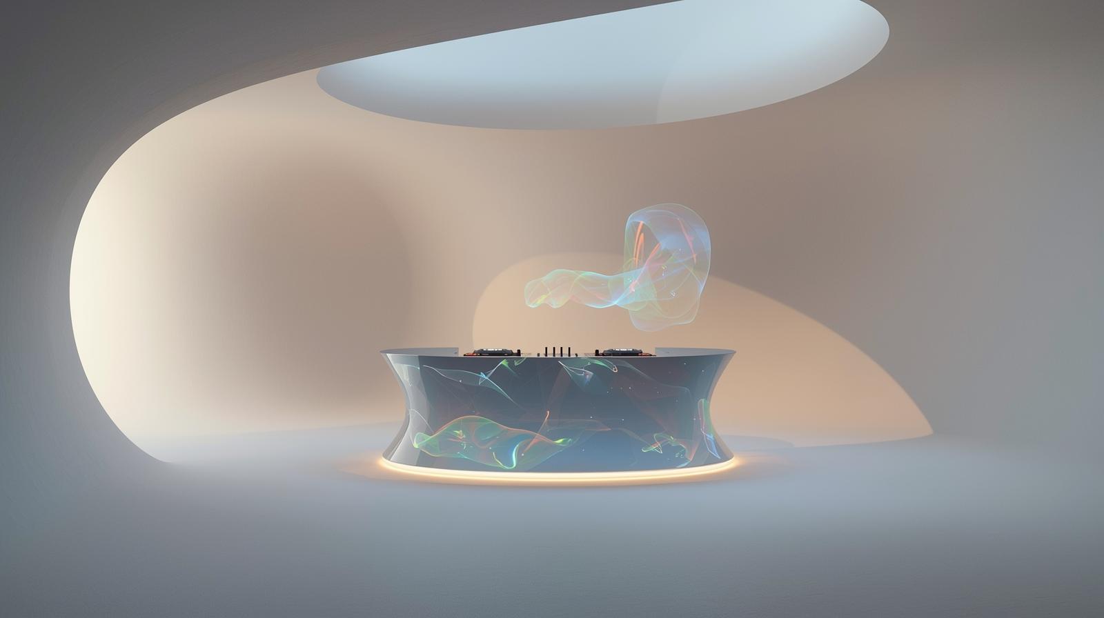 A minimalist and clean photography style showcasing a futuristic DJ booth with smooth, curved lines and integrated holographic displays, presented in a simple composition with ample negative space